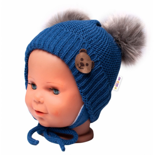 BABY NELLYS Zimná čiapka s fleecom Teddy Bear - chlupáčk. bambuľky - tm. modrá, šedá