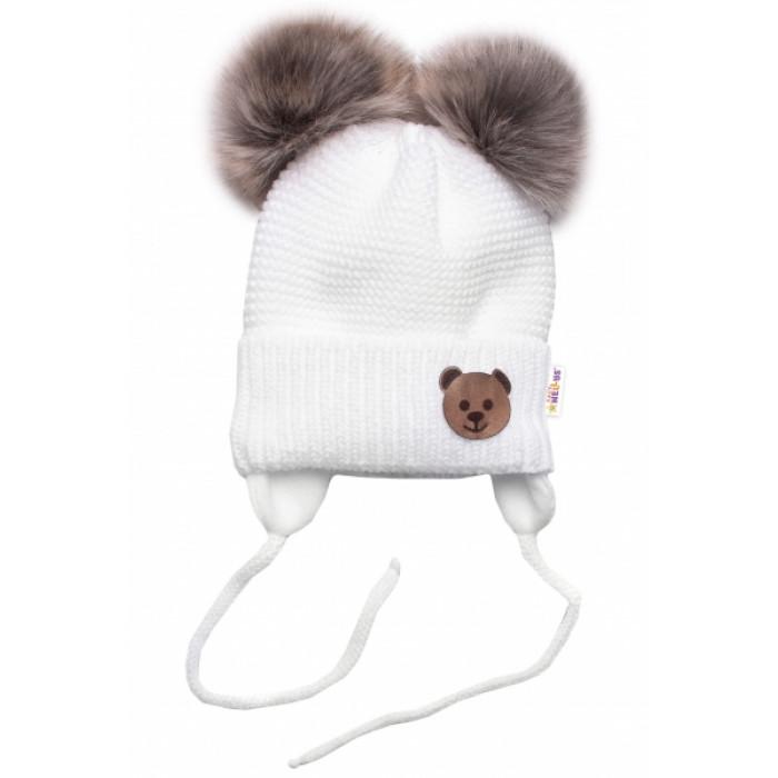 BABY NELLYS Zimná čiapka s fleecom Teddy Bear - chlupáčk. bambuľky - biela, šedá BABY NELLYS Zimná čiapka s fleecom Teddy Bear - chlupáčk. bambuľky - biela, šedá