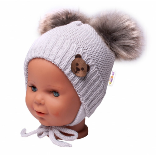 BABY NELLYS Zimná čiapka s fleecom Teddy Bear - chlupáčk. bambuľky - sv. šedá, šedá