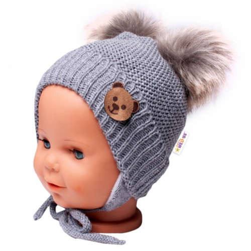 BABY NELLYS Zimná čiapka s fleecom Teddy Bear - chlupáčk. bambuľky - tm. šedá, šedá