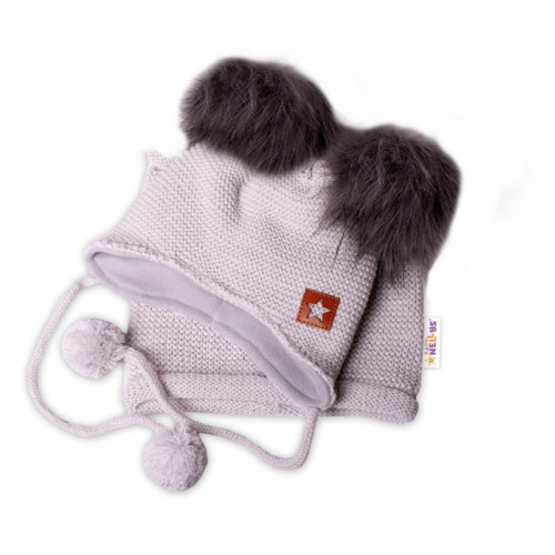 BABY NELLYS Zimná čiapka s fleecom a chlupáčka. bambuľky Star + komínok - sivá, 98/104