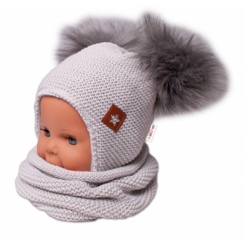 BABY NELLYS Zimná čiapka s fleecom a chlupáčka. bambuľky Star + komínok - sivá, 104/116