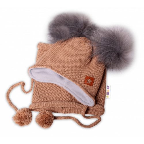 BABY NELLYS Zimná čiapka s fleecom a chlupáčka. bambuľky Star + komínok - medová, 98/104