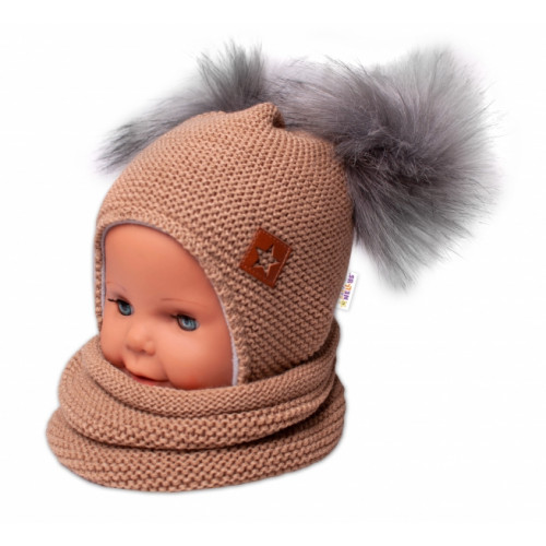 BABY NELLYS Zimná čiapka s fleecom a chlupáčka. bambuľky Star + komínok - medová, 104/116