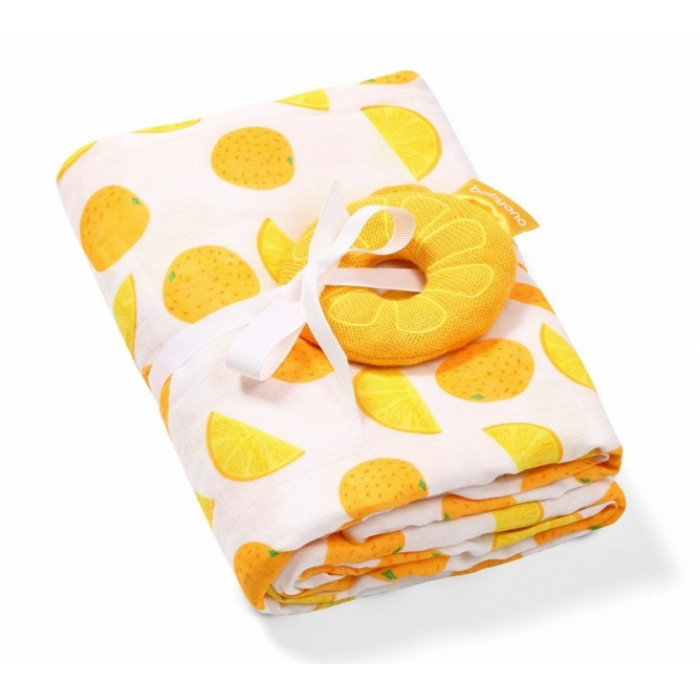 BabyOno Bambus / Mušelín Pomaranč - plienka - muchláček + hrkálka oranžová / biela, 0 m BabyOno Bambus / Mušelín Pomaranč - plienka - muchláček + hrkálka oranžová / biela, 0 m