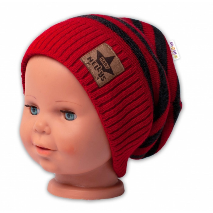 BABY NELLYS Jesenná/zimní prúžkovaná čiapka - červená/grafit BABY NELLYS Jesenná/zimní prúžkovaná čiapka - červená/grafit