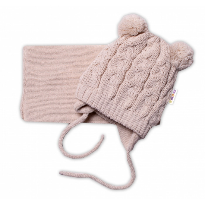 BABY NELLYS Zimná pletená čiapočka s šálom TEDDY - béžová s brmbolcami, vel. 62/68 BABY NELLYS Zimná pletená čiapočka s šálom TEDDY - béžová s brmbolcami, vel. 62/68