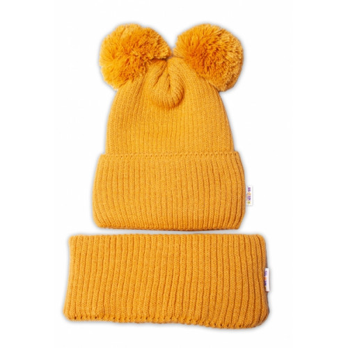 BABY NELLYS Zimná pletená čiapka + nákrčník - horčicová s brmbolcami