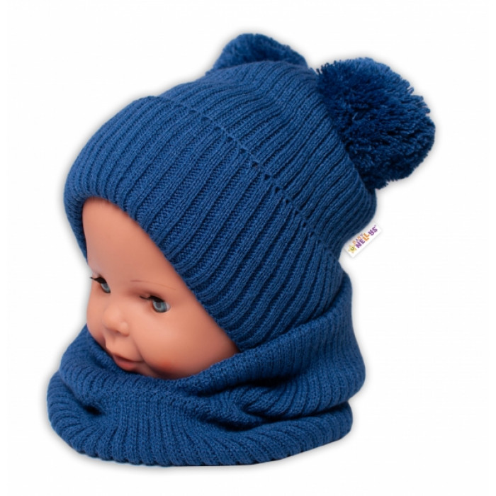 BABY NELLYS Zimná pletená čiapka + nákrčník - granát s brmbolcami BABY NELLYS Zimná pletená čiapka + nákrčník - granát s brmbolcami