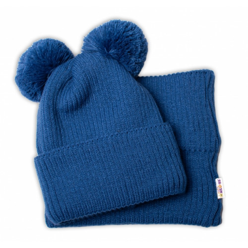BABY NELLYS Zimná pletená čiapka + nákrčník - granát s brmbolcami