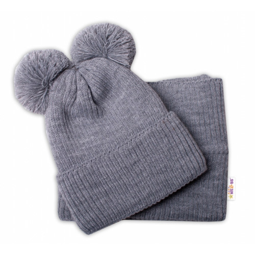 BABY NELLYS Zimná pletená čiapka + nákrčník - sivá s brmbolcami