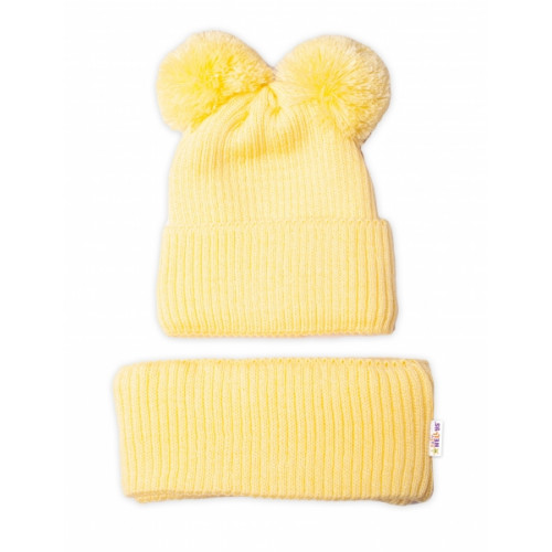 BABY NELLYS Zimná pletená čiapka + nákrčník - žltá s brmbolcami