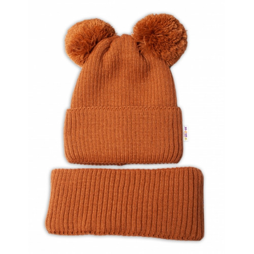 BABY NELLYS Zimná pletená čiapka + nákrčník - hnedá s brmbolcami