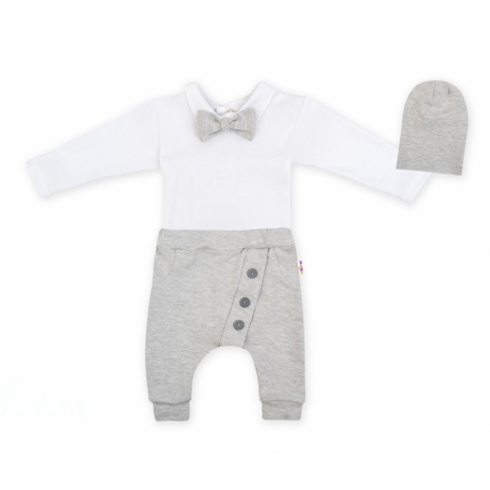 Baby Nellys 3-dielna sada Hubert, body s motýlikom dl.rukáv, tepláčiky a čiapočka - sivá Baby Nellys 3-dielna sada Hubert, body s motýlikom dl.rukáv, tepláčiky a čiapočka - sivá