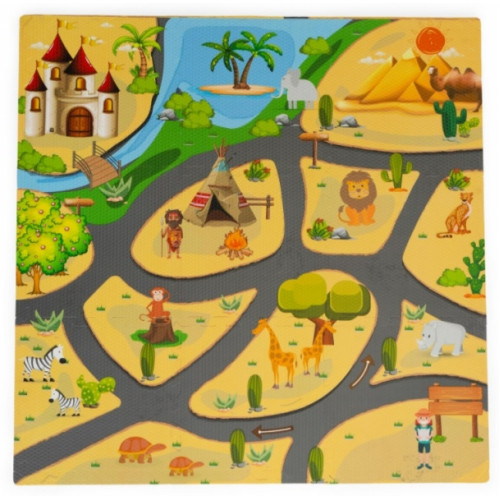 ECO TOYS Detské penové puzzle 93,5x93,5cm, hracia deka, podložka na zem Safari, 9 dielov