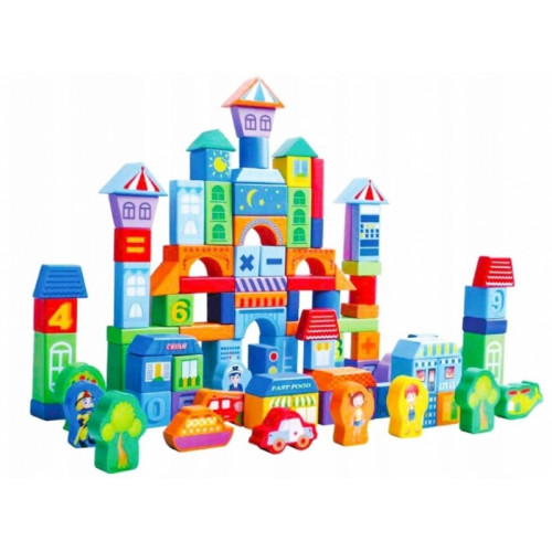 Drevené kocky vo vedierku ECO TOYS 100 ks - pastelové farby, City