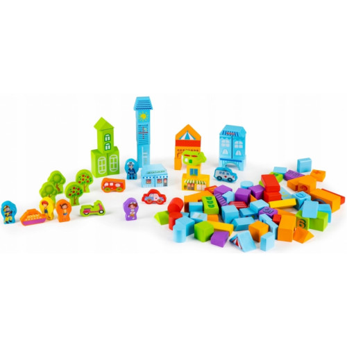 Drevené kocky vo vedierku ECO TOYS 100 ks - pastelové farby, City