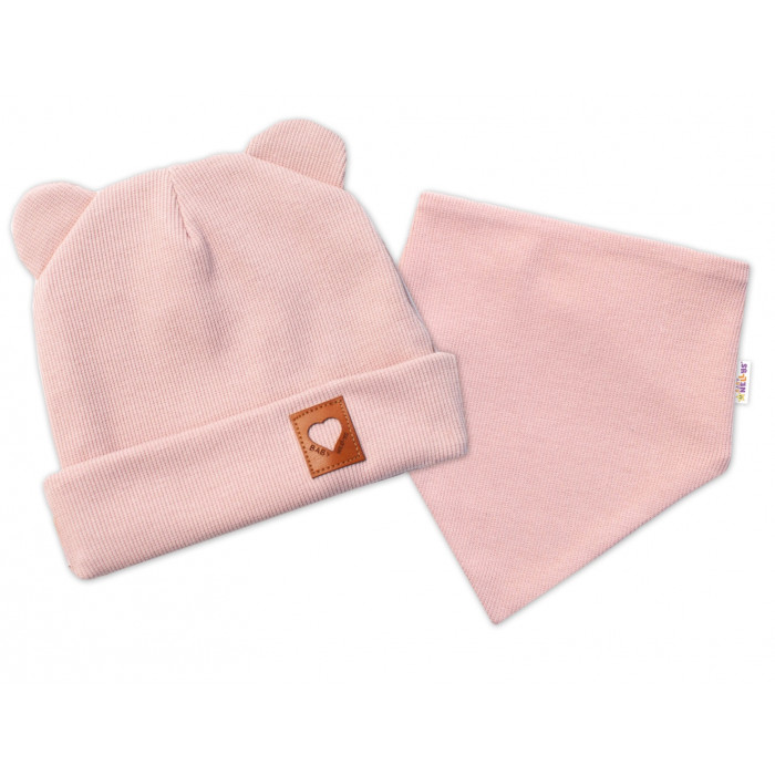 Baby Nellys Rebrovaná dvojvrstvová čiapka s uškami + šatka TEDDY - púdrová, 68/74