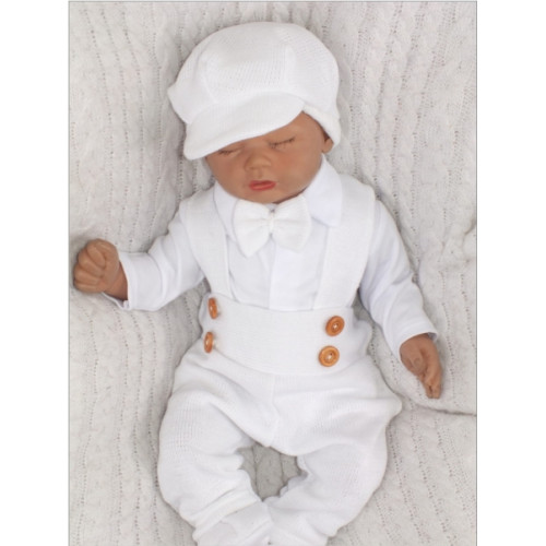 Z&Z 5-dielna pletená sada Boy, body, nohavice, čiapočka motýlik, topánočky, biela, veľ. 62