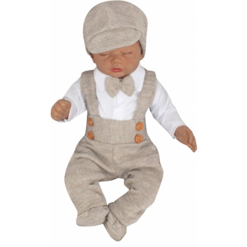 Z&Z 5-dielna pletená sada Boy, body, nohavice, čiapočka motýlik, topánočky, béžová, veľ.68