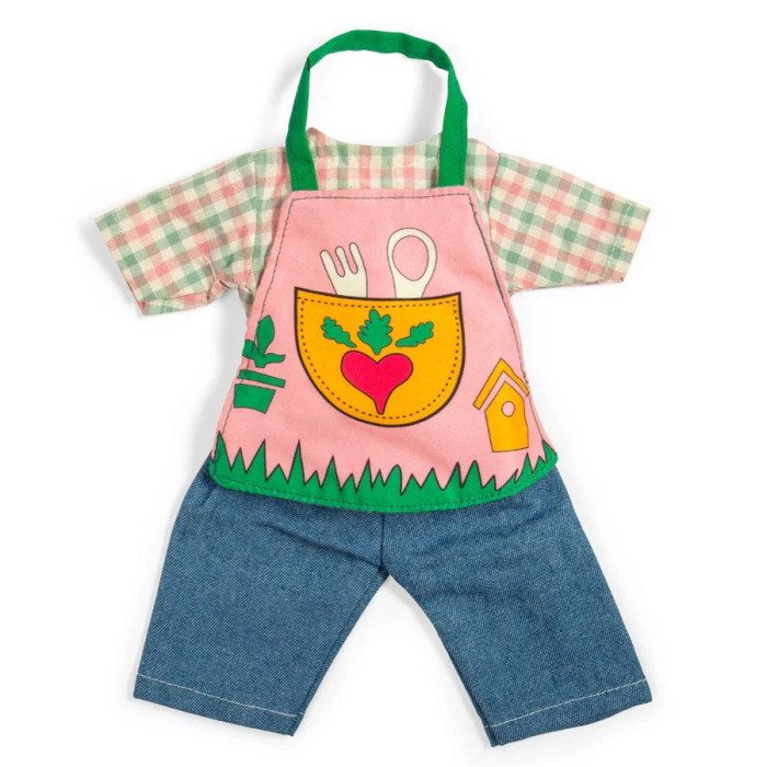 Bigjigs Toys Záhradnícke nohavice s károvanou košeľou pre bábiku 34 cm