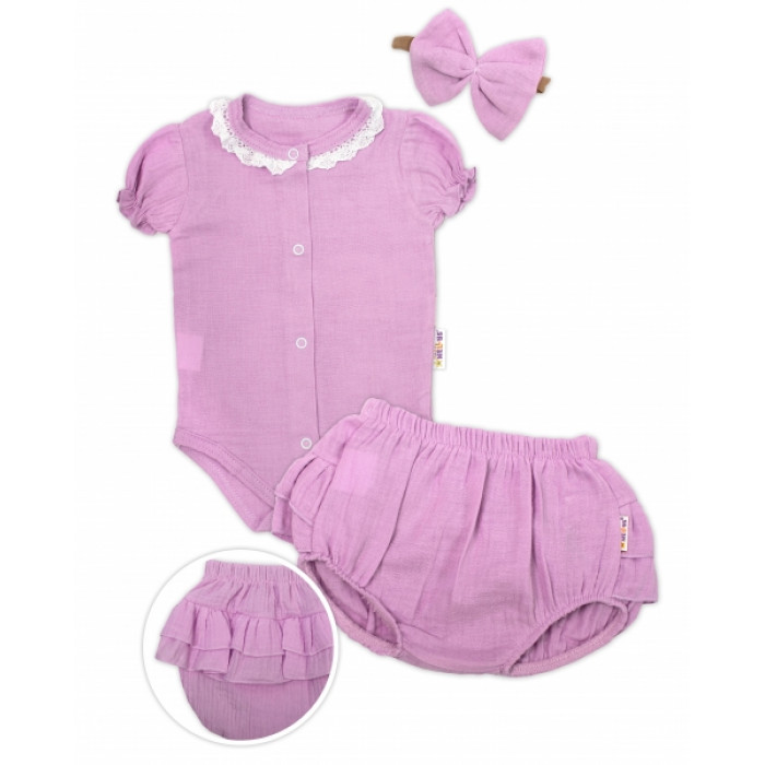 Baby Nellys 3-dielna mušelínová súpravička, body, kraťasky+čelenka GIRL, lila Baby Nellys 3-dielna mušelínová súpravička, body, kraťasky+čelenka GIRL, lila