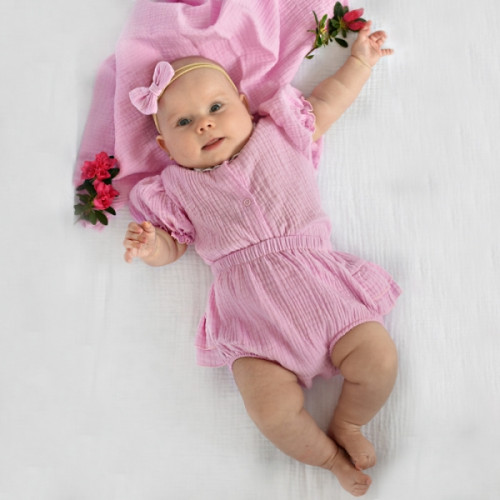 Baby Nellys 3-dielna mušelínová súpravička, body, kraťasky + čelenka GIRL, ružová, veľ. 68