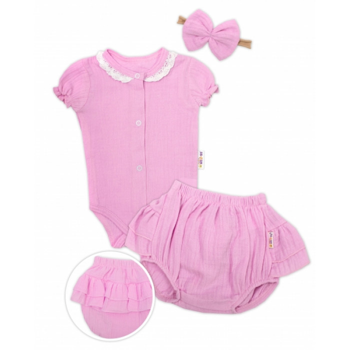Baby Nellys 3-dielna mušelínová súpravička, body, kraťasky + čelenka GIRL, ružová, veľ. 74 Baby Nellys 3-dielna mušelínová súpravička, body, kraťasky + čelenka GIRL, ružová, veľ. 74