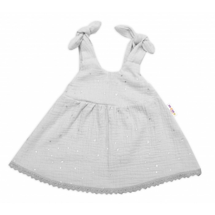 Baby Nellys Letné ľahučké mušelínové šaty Summer Stars - sivé, veľ. 68/74 Baby Nellys Letné ľahučké mušelínové šaty Summer Stars - sivé, veľ. 68/74