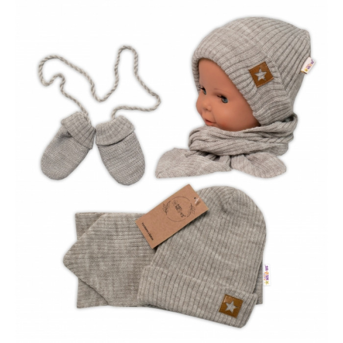 Baby Nellys Pletená čiapka so šálom a rukavičky 3v1, STAR - béžová, veľ. 56/62 Baby Nellys Pletená čiapka so šálom a rukavičky 3v1, STAR - béžová, veľ. 56/62
