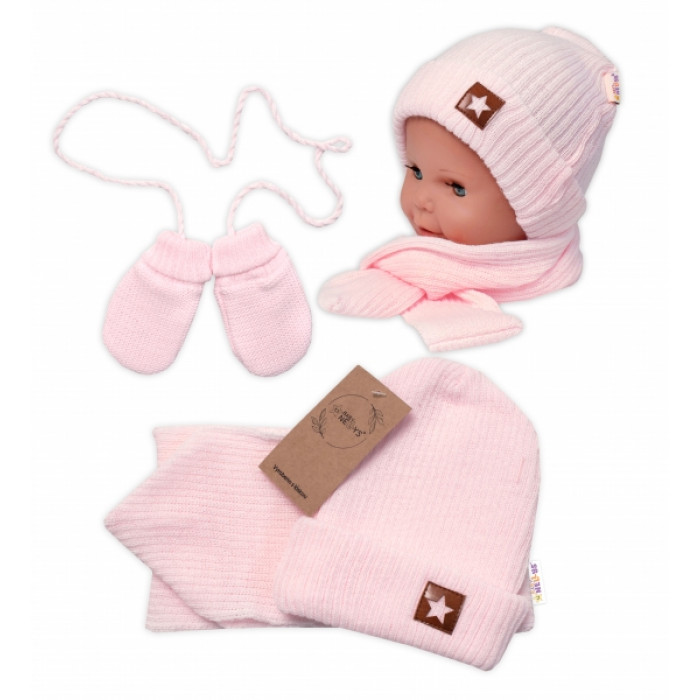 Baby Nellys Pletená čiapka so šálom a rukavičky 3v1, STAR - sv. růžová, 68/74 Baby Nellys Pletená čiapka so šálom a rukavičky 3v1, STAR - sv. růžová, 68/74