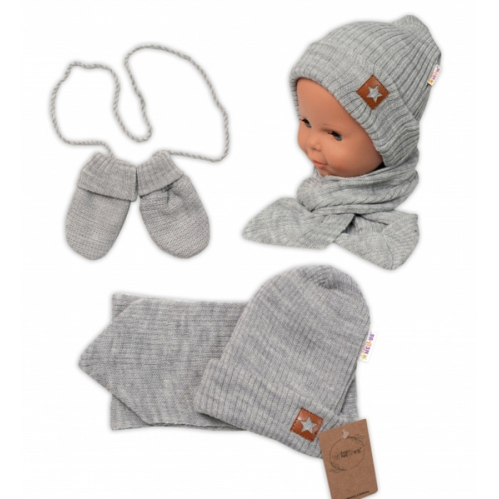 Baby Nellys Pletená čiapka so šálom a rukavičky 3v1, STAR - šedá, 68/74 Baby Nellys Pletená čiapka so šálom a rukavičky 3v1, STAR - šedá, 68/74