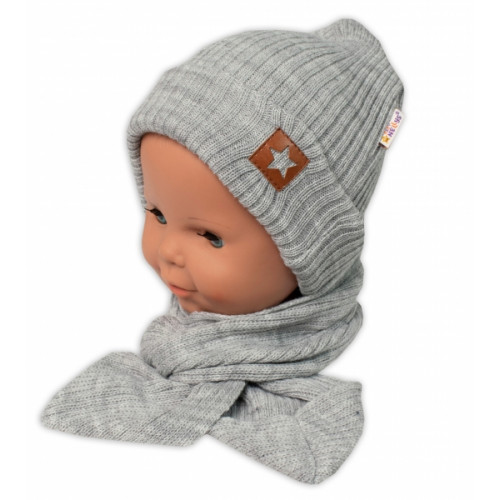 Baby Nellys Pletená čiapka so šálom a rukavičky 3v1, STAR - šedá, 68/74