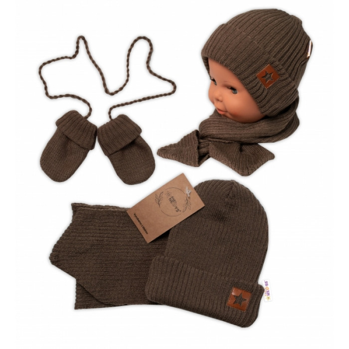 Baby Nellys Pletená čiapka so šálom a rukavičky 3v1, STAR - hnědá, 68/74 Baby Nellys Pletená čiapka so šálom a rukavičky 3v1, STAR - hnědá, 68/74