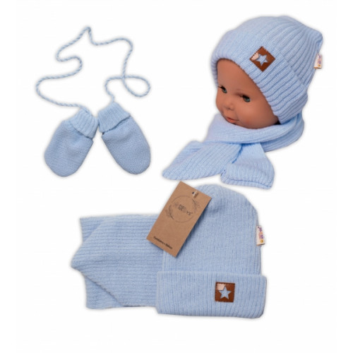 Baby Nellys Pletená čiapka so šálom a rukavičky 3v1, STAR - sv. modrá