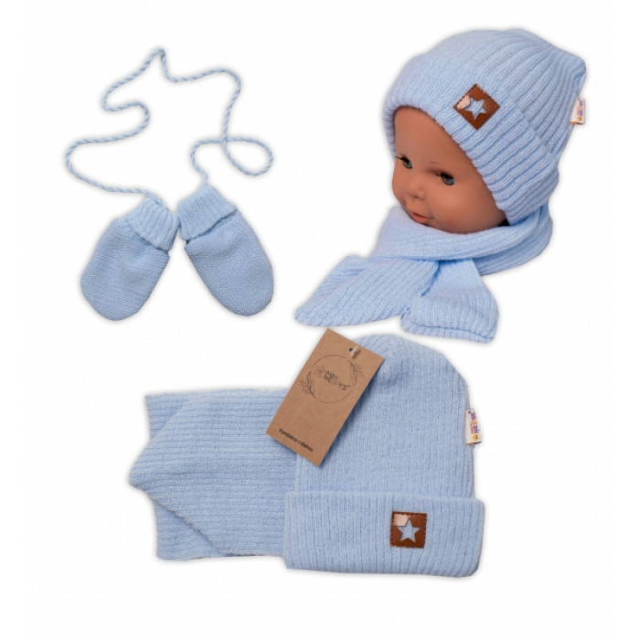 Baby Nellys Pletená čiapka so šálom a rukavičky 3v1, STAR - sv. modrá, 68/74 Baby Nellys Pletená čiapka so šálom a rukavičky 3v1, STAR - sv. modrá, 68/74