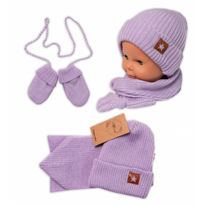Baby Nellys Pletená čiapka so šálom a rukavičky 3v1, STAR - fialová Baby Nellys Pletená čiapka so šálom a rukavičky 3v1, STAR - fialová