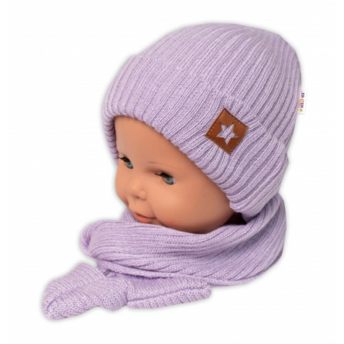 Baby Nellys Pletená čiapka so šálom a rukavičky 3v1, STAR - fialová
