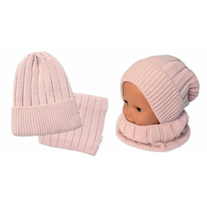 BABY NELLYS Zimná nadčasová čiapka + komín, púdrová BABY NELLYS Zimná nadčasová čiapka + komín, púdrová