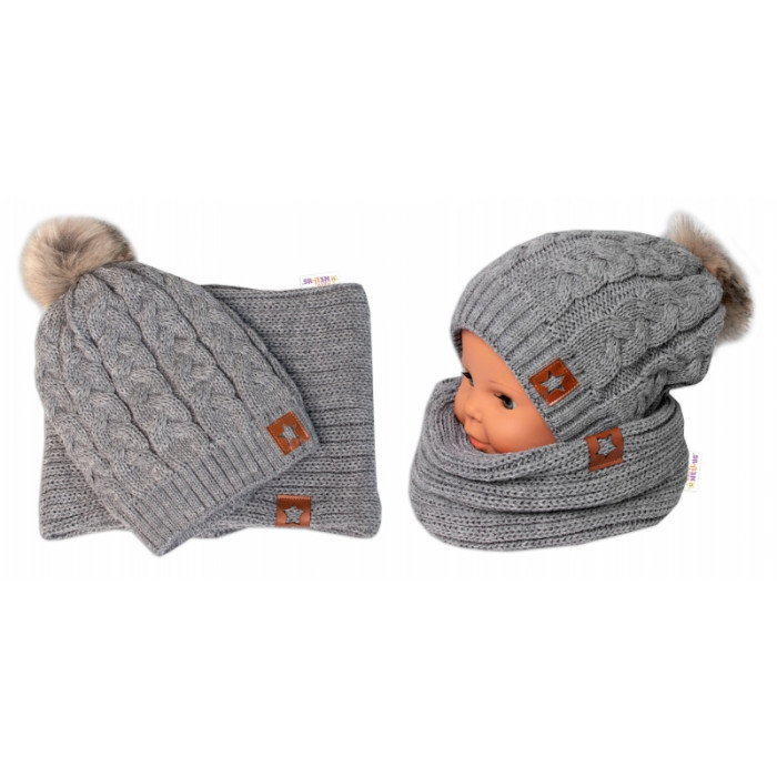 BABY NELLYS Zimná dvojvrstvová čiapka s brmbolcom + komínček Star, sivá BABY NELLYS Zimná dvojvrstvová čiapka s brmbolcom + komínček Star, sivá