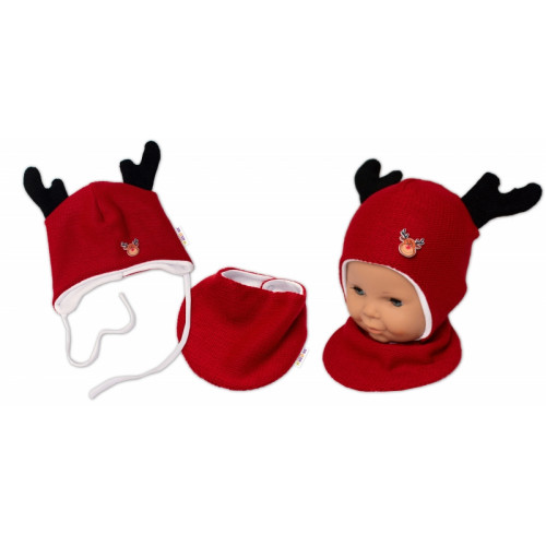 Baby Nellys Pletená dvojvrstvová čiapka so šatkou Sobík, červená/biela