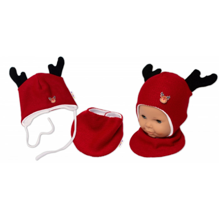Baby Nellys Pletená dvojvrstvová čiapka so šatkou Sobík, červená/biela Baby Nellys Pletená dvojvrstvová čiapka so šatkou Sobík, červená/biela