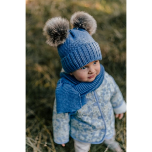 Zimná čiapka s kožušinovými brmbolcami + šál Baby Nellys Star - modrá, 6/24 mesiacov