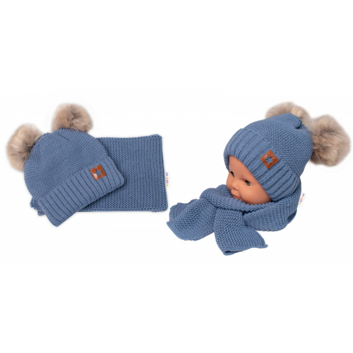 Zimná čiapka s kožušinovými brmbolcami + šál Baby Nellys Star - modrá, 6/24 mesiacov Zimná čiapka s kožušinovými brmbolcami + šál Baby Nellys Star - modrá, 6/24 mesiacov
