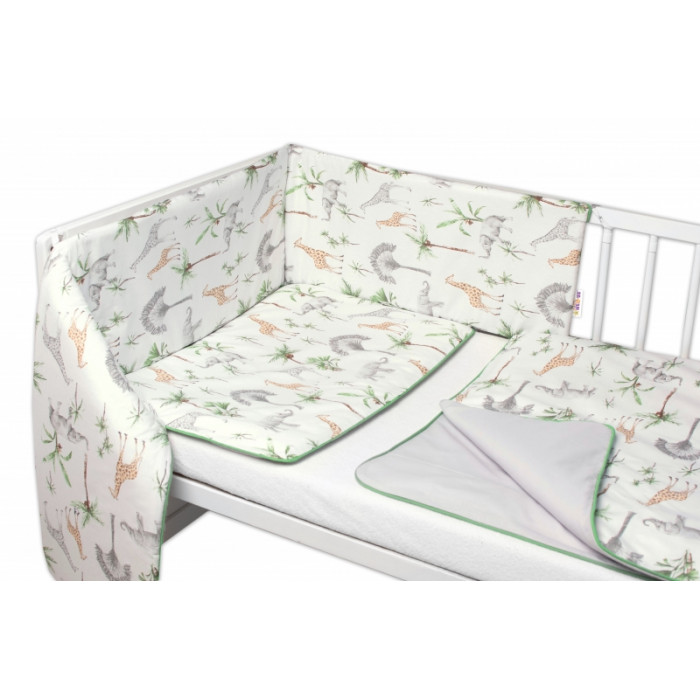 3-dielna sada mantinel s obliečkami Baby Nellys Safari - biela s potlačou/zelená,135x100cm 3-dielna sada mantinel s obliečkami Baby Nellys Safari - biela s potlačou/zelená,135x100cm