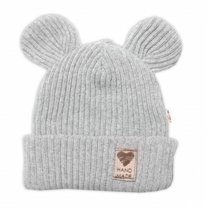 Pletená bavlněná čiapka s uškami, dvojvrstvová, Hand Made Baby Nellys, šedá Pletená bavlněná čiapka s uškami, dvojvrstvová, Hand Made Baby Nellys, šedá