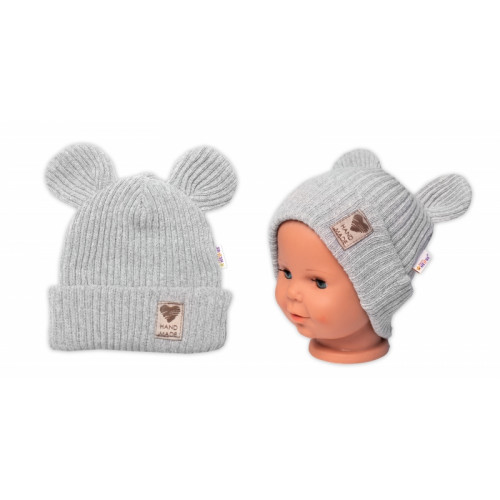 Pletená bavlněná čiapka s uškami, dvojvrstvová, Hand Made Baby Nellys, šedá