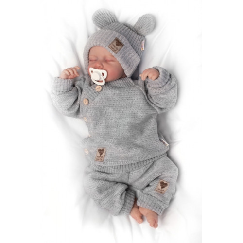 Pletená bavlněná čiapka s uškami, dvojvrstvová, Hand Made Baby Nellys, šedá