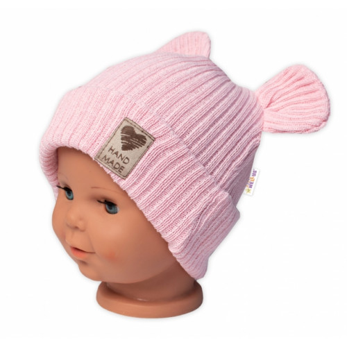 Pletená bavlněná čiapka s uškami, dvojvrstvová, Hand Made Baby Nellys, ružová, veľ. 68/74