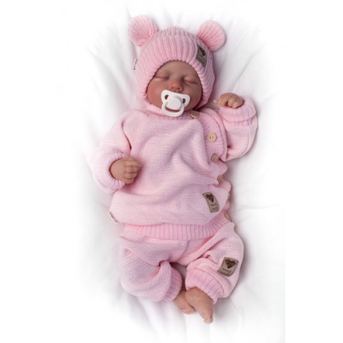 Pletená bavlněná čiapka s uškami, dvojvrstvová, Hand Made Baby Nellys, ružová, veľ. 68/74